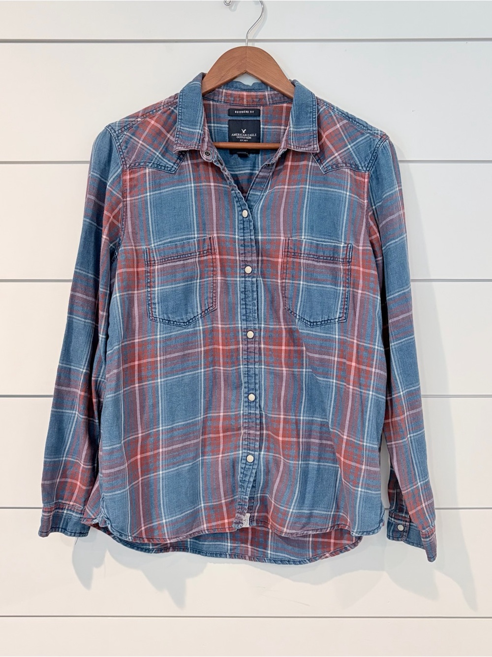 American Eagle Boyfriend Flannel Shirt L Cottagecore Grunge Western Plaid